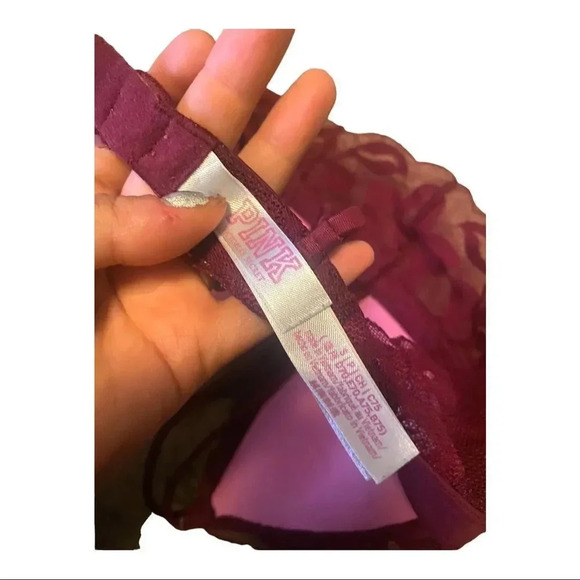 Pink Pretty Burgundy Lace Trimmed Bralette Strappy Padded Push-Up - Picture 5 of 5